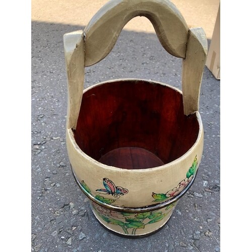 Oriental Hand painted wooden water bucket