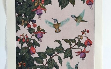Original woodblock print - Paper - Toshi Yoshida (1911-1995) - "Hachidori" 蜂雀 (Hummingbirds [and Fuchsia]) - Japan - Heisei period (1989-2019)