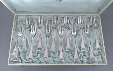 Oyster fork, Set of 12 oyster forks in fitted case (12) - .800 silver - Ricci & C - Alessandria - Italy - Mid 20th century