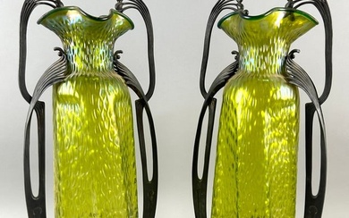 PAIR OF BRASS-MOUNTED GREEN GLASS VASES ATTRIBUTED TO LOETZ Early 20th Century Heights 23.5".