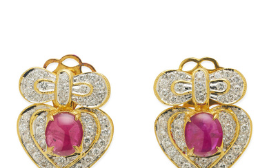 PAIR OF CABUCHON RUBY AND DIAMOND EARRINGS