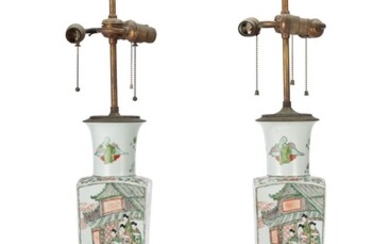 PAIR OF CHINESE PORCELAIN FAMILLE VERTE VASES, MOUNTED AS LAMPS, THE PORCELAIN 19TH CENTURY