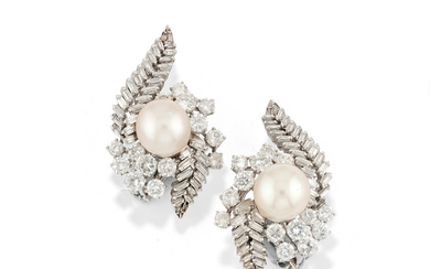 PAIR OF DIAMOND AND CULTURED PEARL EAR CLIPS designed...