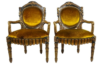 PAIR OF PAINTED & PARCEL GILT OPEN ARMCHAIRS