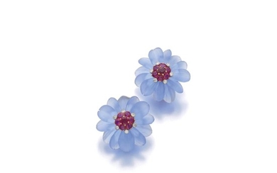 PAIR OF RUBY, DIAMOND AND CHALCEDONY EAR CLIPS, ALETTO BROTHERS