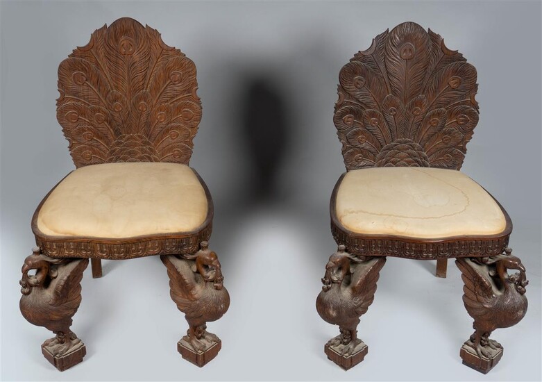 PAIR OF SOUTHEAST ASIAN CARVED "PEACOCK" SIDE CHAIRS, 20TH CENTURY