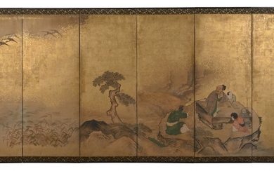 PARAVENT À SIX FEUILLES SUR PAPIER, FOND DE FEUILLES D'OR ET KIRIKANE, Japon, époque Edo, XVIIIe-XIXe siècle