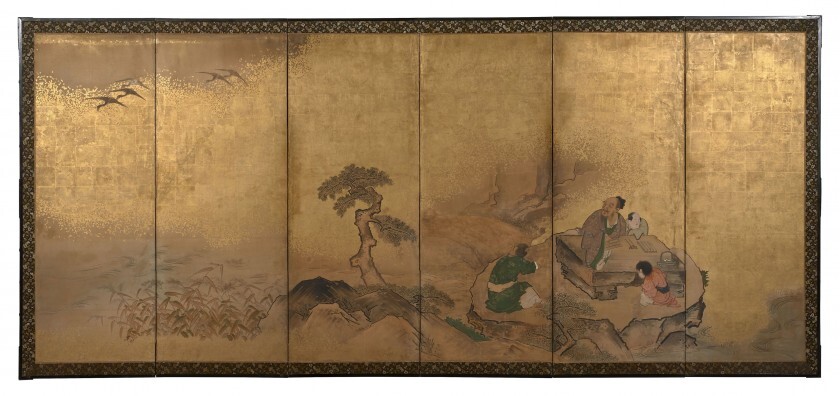 PARAVENT À SIX FEUILLES SUR PAPIER, FOND DE FEUILLES D'OR ET KIRIKANE, Japon, époque Edo, XVIIIe-XIXe siècle