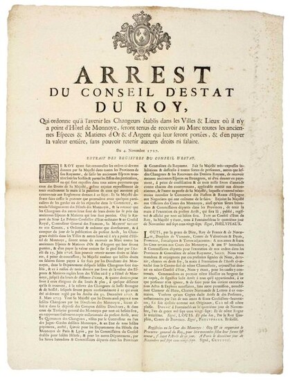 PARIS. 1727. EXCHANGE OF CURRENCIES & GOLD & SILVER MATERIALS. "Arrest of the Council of State of the King, of November 4, 1727, which orders that in the future the EXCHANGERS established in the Cities & Places where there is no Hotel de Monnoye, will...