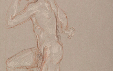 PAUL CADMUS (1904 - 1999) Kneeling Male Nude. Conté crayon on gray wove...