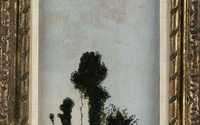 PAUL-CAMILLE GUIGOU (France, 1834-1871), "Road Bordered by Poplars"., Oil on board, 10" x 5.5".