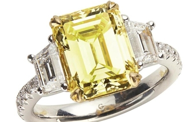 PLATINUM, FANCY YELLOW DIAMOND AND DIAMOND RING Accompanied by a GIA report numbered 2175419504, dated 14 December 2015, stating tha...