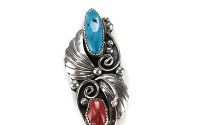 P.M. Navajo Sterling Silver Nugget Turquoise Coral ring Size 6. Leaf and scrolls