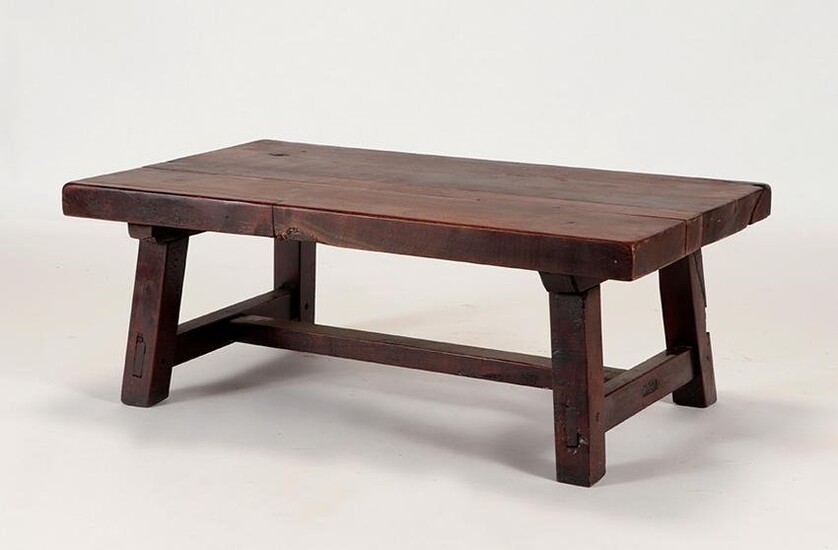 PRIMITIVE COFFEE TABLE WITH STRETCHER BASE C.1920