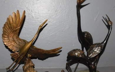 Painted Metal Heron Grouping & Brass Heron Sculpture