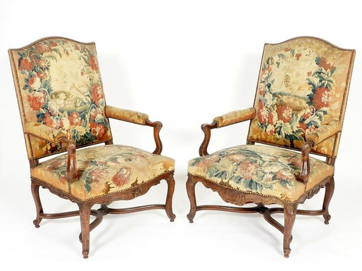 Pair 19th C. Louis XV Carved Fauteuil Arm Chairs