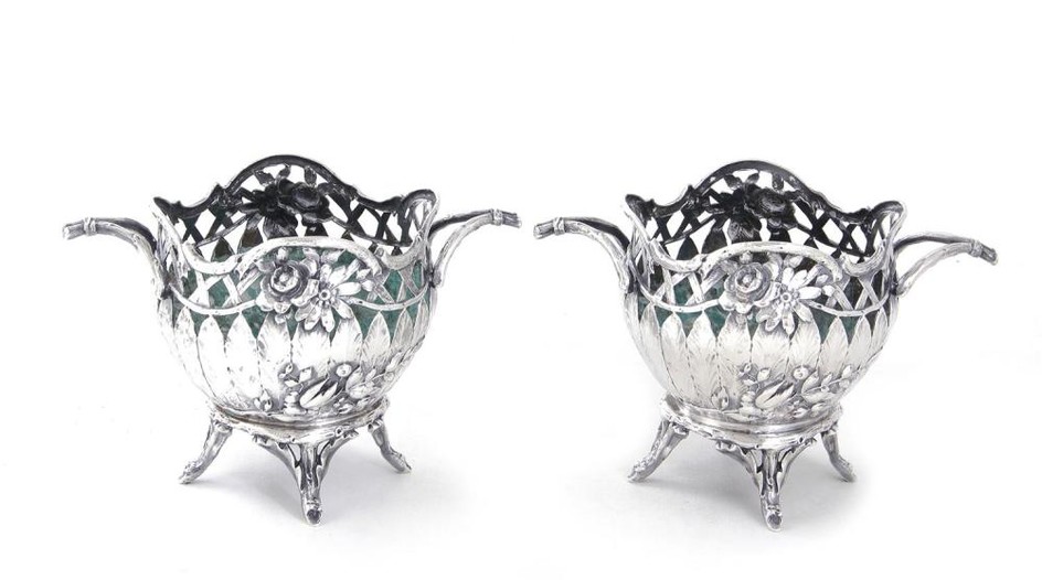 Pair Continental silver cachepots