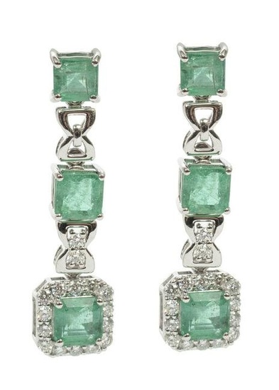 Pair White Gold, Emerald, Diamond Dangle Earrings