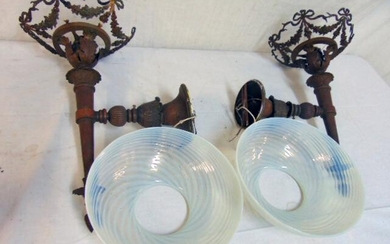 Pair bronze wall sconces with art glass shades, pair
