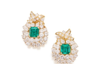 Pair of Emerald and Diamond Earclips