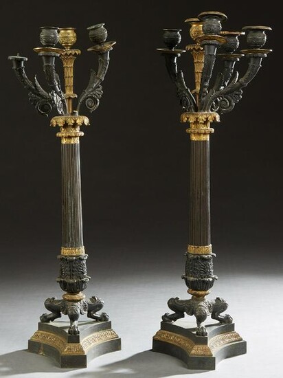 Pair of Empire Style Patinated and Gilt Bronze Six