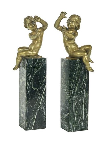 Pair of French Bronze Putti on Marble Plinths