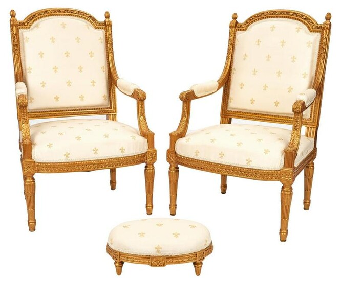 Pair of French Louis XVI Style Fauteuils & Footstool