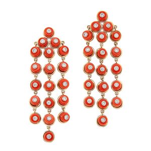 Pair of Gold, Coral and Diamond Fringe Earclips, Aletto Brothers