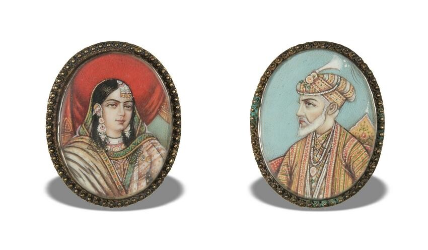 Pair of Hand Painted Mughal Portrait Sterling Pins