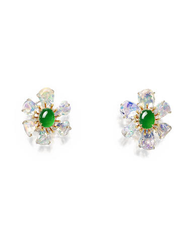 Pair of Jadeite and Opal 'Floral' Earrings