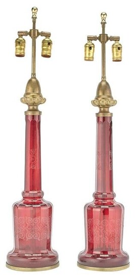 Pair of Victorian Brass-Mounted Etched Ruby Glass Lamps