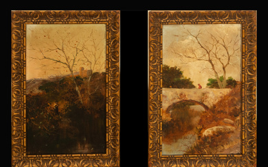 Pair of forest views on panel, signed, European post-impressionist school,...