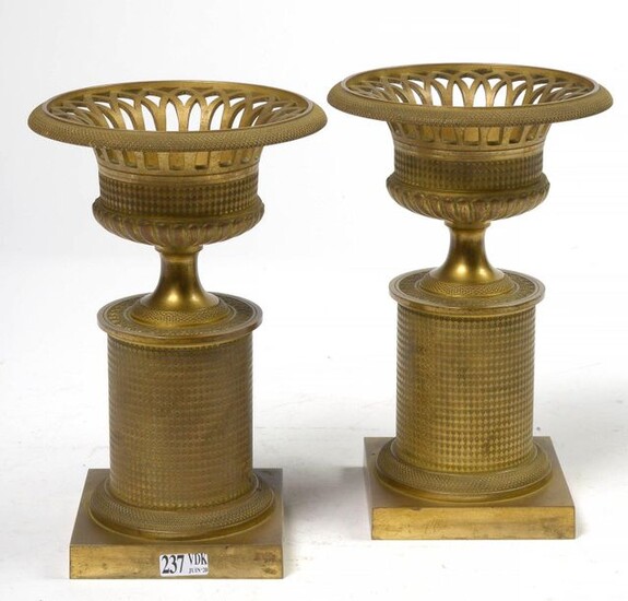 Pair of gilt bronze baskets on high foot...