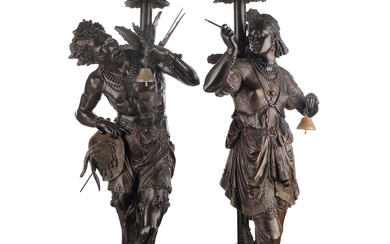 Pair of lamp feet in the shape of African warriors from the early 20th century.