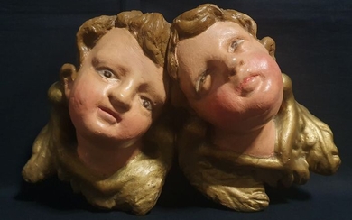 Pair of putto heads - Rococo - Wood - 18th century