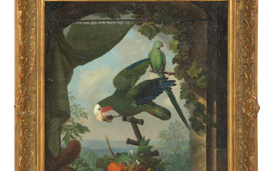 Parrots, Squirrel and Fruit on a Stone Ledge with Draped Curtain, an Extensive Landscape Beyond,Manner of Tobias Stranovius