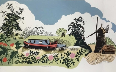 Penny Berry Paterson (1941-2021) colour woodcut print, Barnack Mill, signed titled and numbered 17/20, image 28 x 66cm