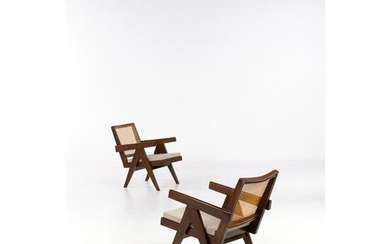 Pierre Jeanneret (1896-1967) Easy chairs Pair of armchairs Teak, caning and fabric Model created