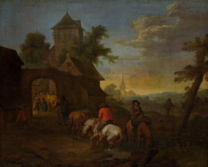Pittore del XVII secolo - “Paesaggio con viandanti a cavallo e personaggi”