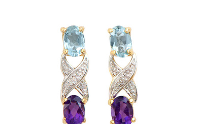 Plated 18KT Yellow Gold 1.72cts Amethyst Blue Topaz and Diamond Earrings