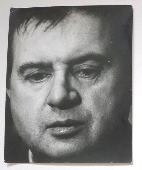 Portrait of Francis Bacon. Original gelatin print by Jorge Lewinski. Circa 1967. Studio stamp of the photographer, 'Francis Bacon' added in blue ink. 195x248mm.