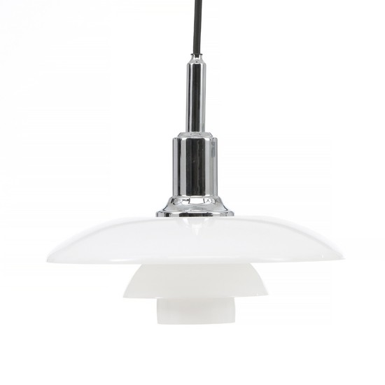 Poul Henningsen: “PH-3/2”. Pendant with chromium-plated brass suspension, multi-layer opal glass shades. Manufactured by Louis Poulsen. Diam. 28.5 cm.