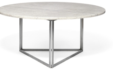 Poul Kjærholm: “PK 56”. Rare, circular dining table with triangular chromed steel frame. Top of flintrolled light marble.