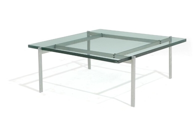 Poul Kjærholm: Square coffee table with steel frame, glass top. Manufactured by E. Kold Christensen. H. 33. L./W. 80 cm.