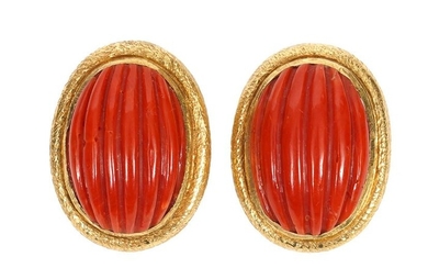 Pr. 18K YG & Carved Red Coral Clip Earrings
