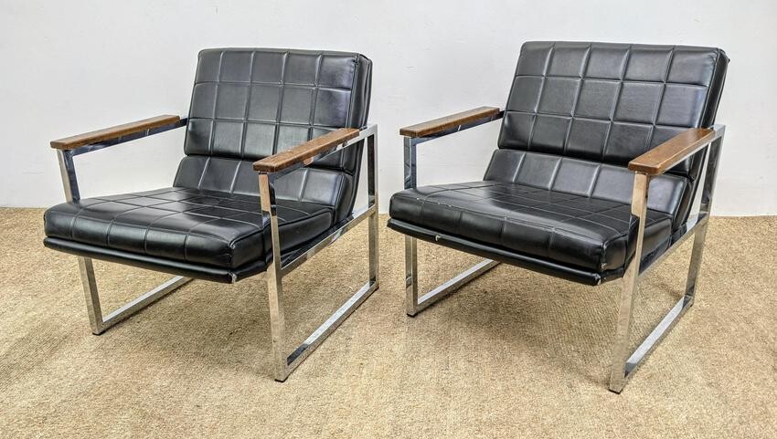 Pr Black Vinyl Chrome Frame Lounge Chairs. Wood Armrest
