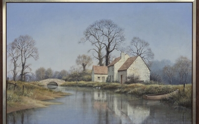 RIVERSIDE COTTAGE, AN OIL BY MALCOLM BUTTS