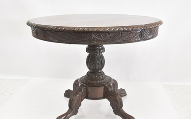 ROUND CARVED MAHOGANY PEDESTAL TABLE