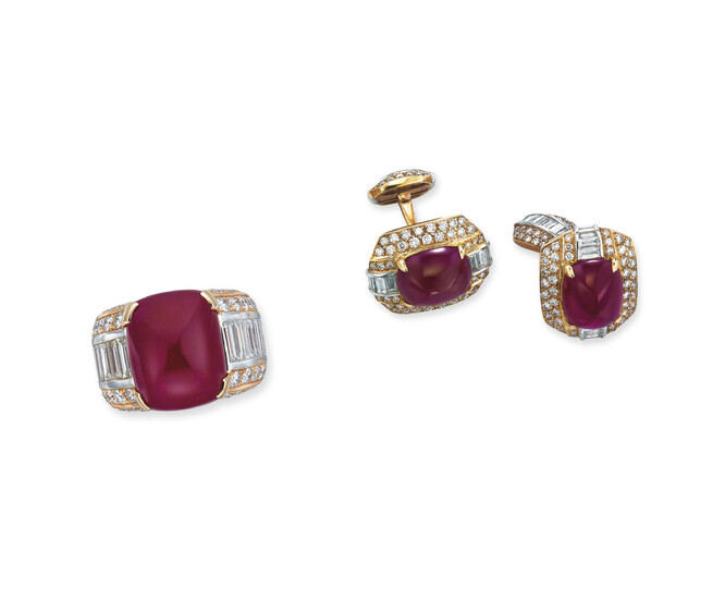 RUBY AND DIAMOND RING AND CUFFLINK SET