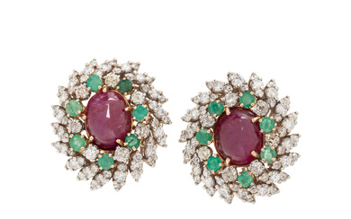 RUBY, DIAMOND AND EMERALD CLIP EARRINGS